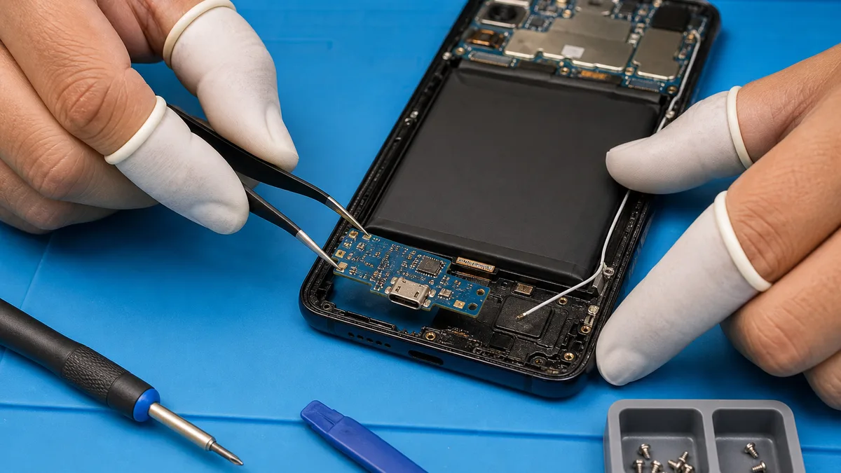 Técnico instala una placa hija con puerto USB-C en un celular abierto sobre una mesa antiestática.