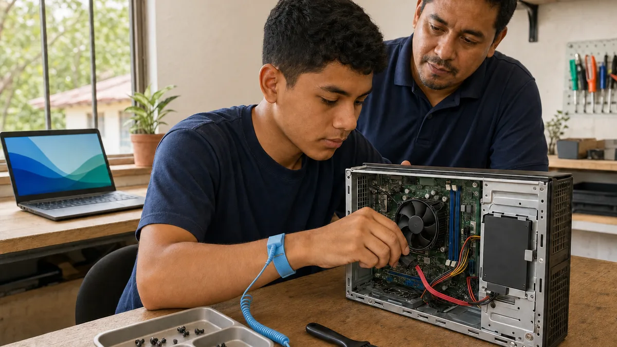 Joven reacondiciona una computadora usada con conexión antiestática mientras un instructor supervisa el trabajo.