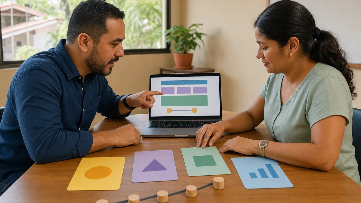 Instructor y emprendedora revisan la estructura de una página y organizan tarjetas para una práctica básica de SEO.