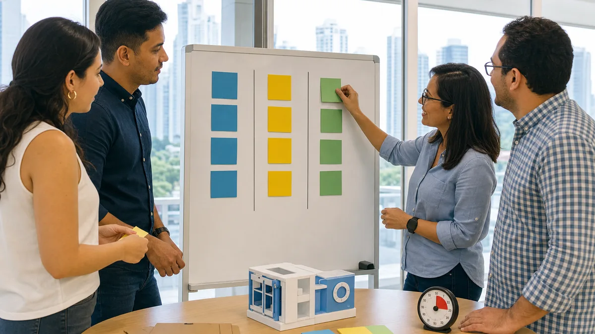 Equipo panameño mueve una tarjeta en un tablero físico durante un ejercicio práctico de Agile Scrum.
