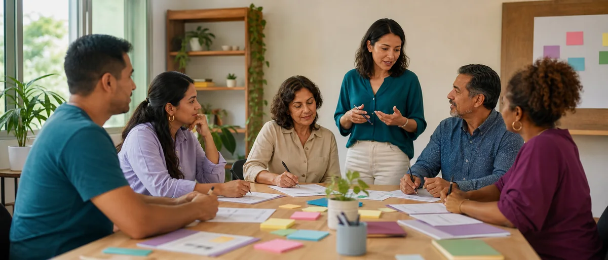 Personas adultas participan en un taller de empoderamiento personal y completan hojas de fortalezas, metas y próximos pasos.