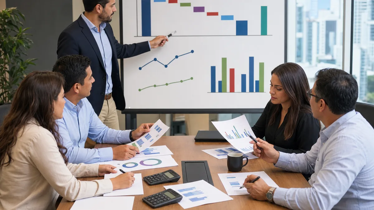 Facilitador guía a un equipo corporativo en un taller práctico con gráficos financieros.