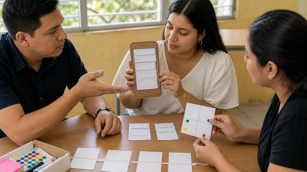 Participante prueba un prototipo móvil de papel mientras el equipo observa y registra reacciones.