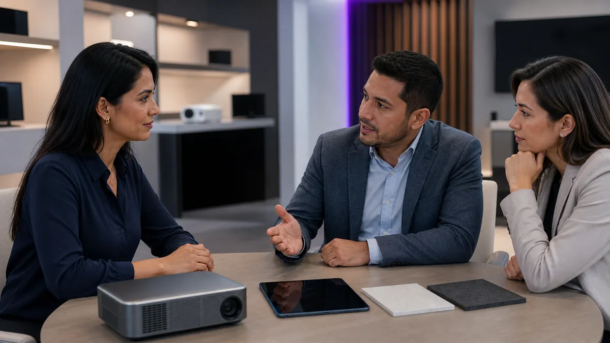 Asesora de ventas escucha con empatía a un cliente empresarial durante una consulta tecnológica sin presión.
