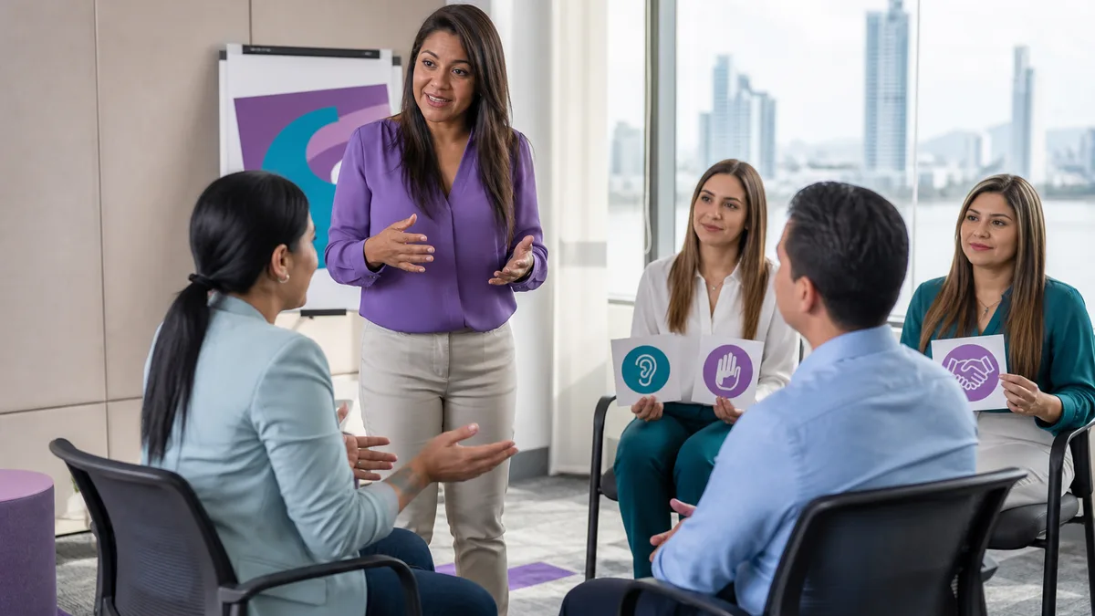 Participantes practican escucha, límites y solución durante un taller de manejo de clientes difíciles.