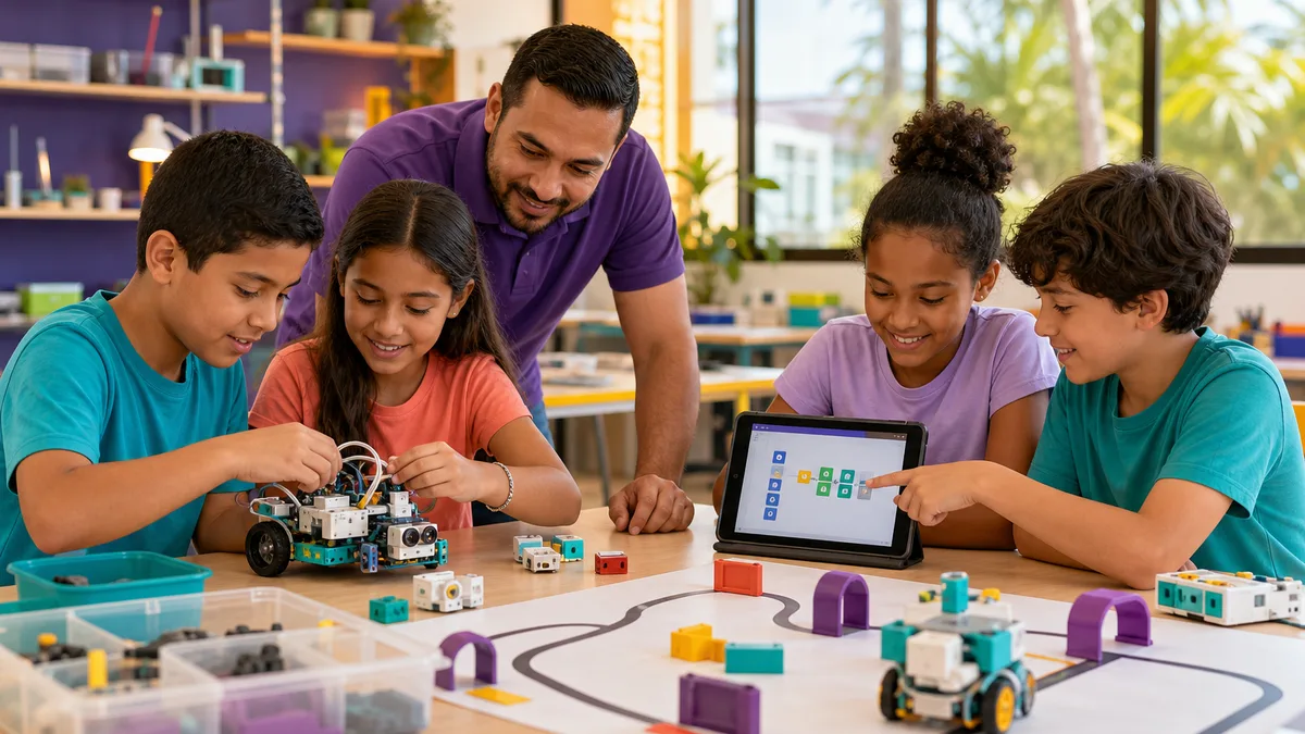 Niños ensamblan y programan robots educativos modulares bajo la supervisión de un instructor.