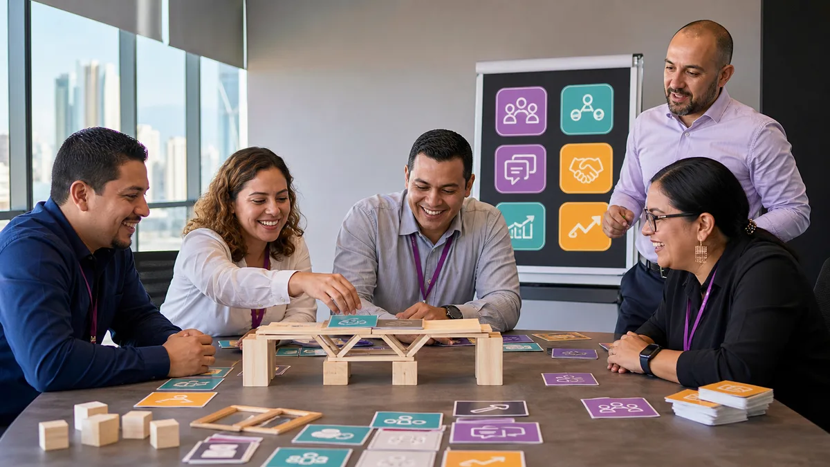Equipo construye y prueba un puente de madera mientras practica coordinación, roles y mejora conjunta.