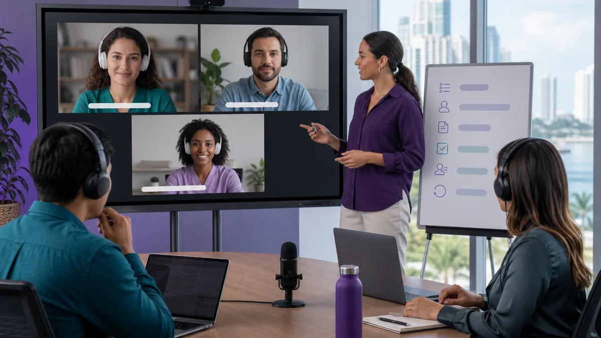 Facilitadora coordina una reunión híbrida con agenda, turnos, decisiones y seguimiento visual.