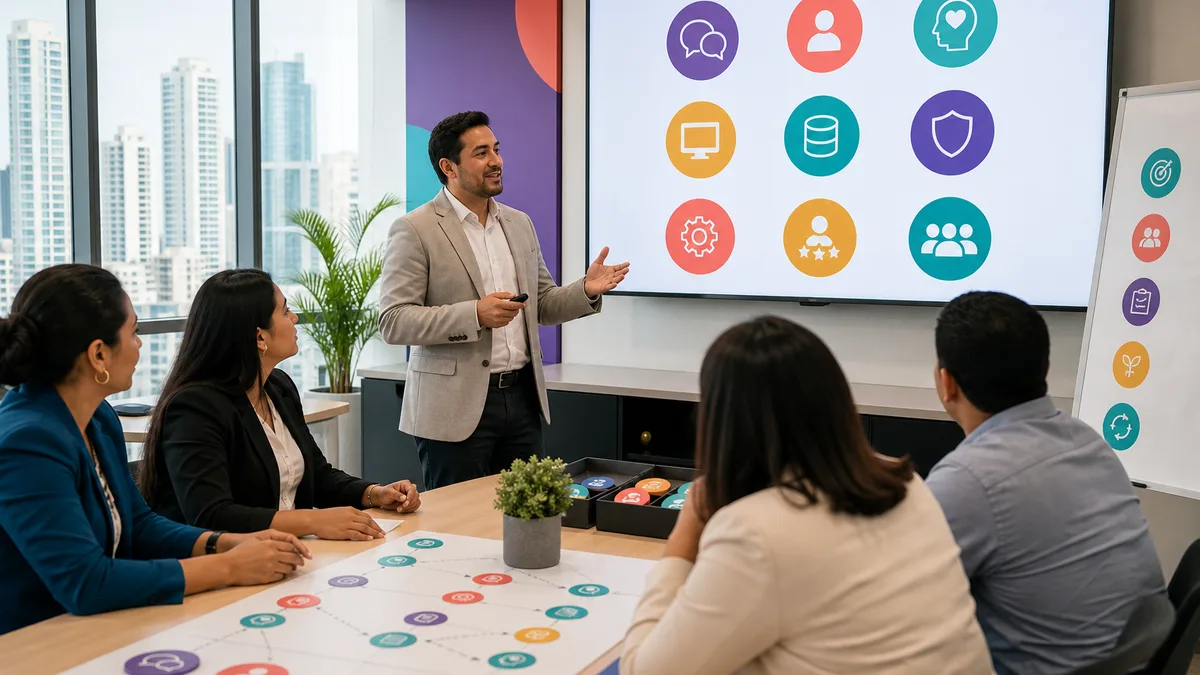 Facilitador presenta un taller corporativo participativo a profesionales en una oficina de Ciudad de Panamá.