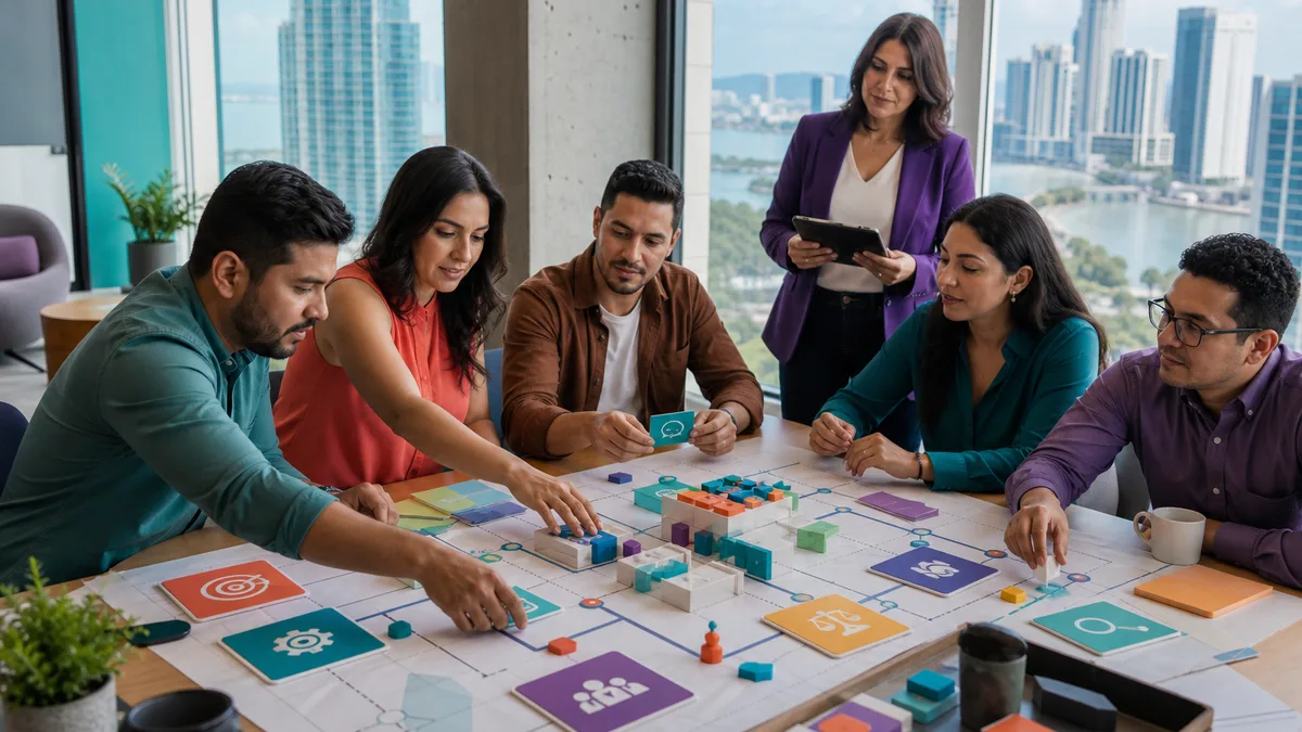 Equipo de profesionales colabora en un tablero de proyecto durante una sesión facilitada en Panamá.