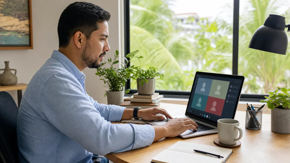 Profesional panameño participa en una videollamada desde una laptop abierta en un escritorio doméstico con vegetación tropical.