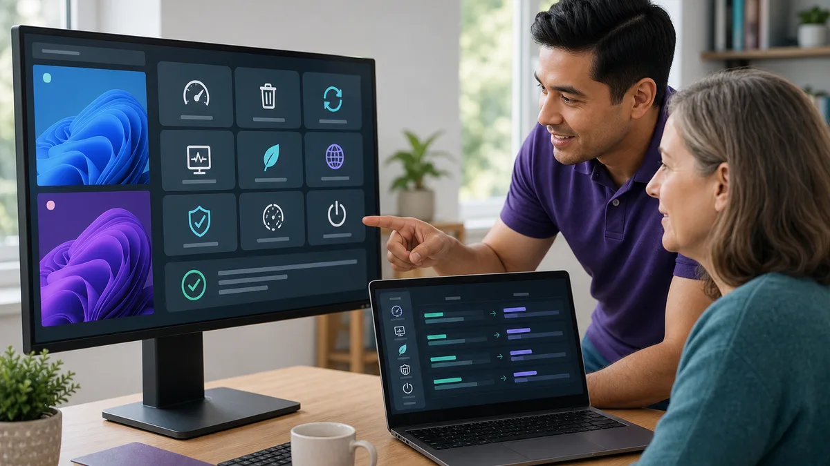 Técnico ayuda a una usuaria a optimizar el rendimiento y la seguridad de una computadora con Windows.