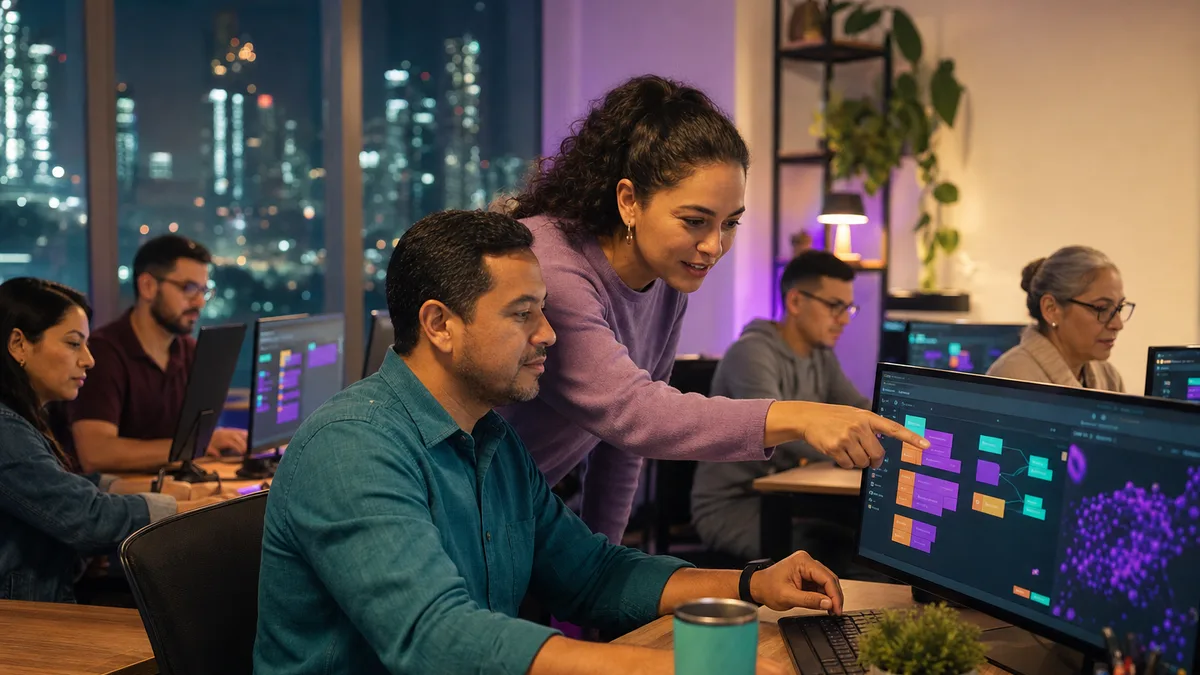 Adultos de distintas edades aprenden programación con acompañamiento en una clase nocturna en Panamá.