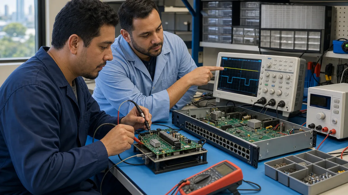 Dos técnicos diagnostican con calma un switch de red y una placa de prueba usando un osciloscopio.