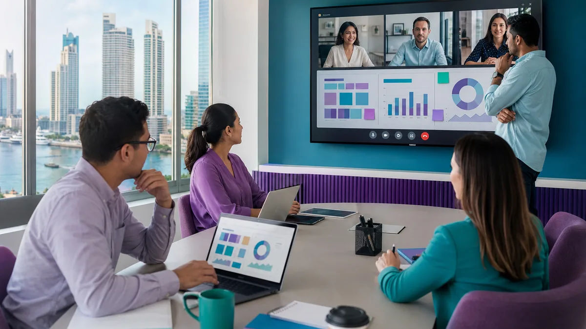 Equipo híbrido coordina tareas y resultados entre una oficina de Panamá y colegas remotos.