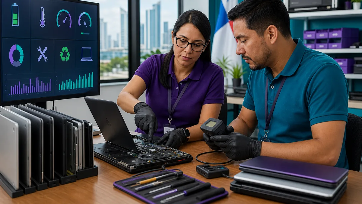 Responsable de TI y técnico diagnostican equipos para decidir entre reparación, reutilización y reemplazo.
