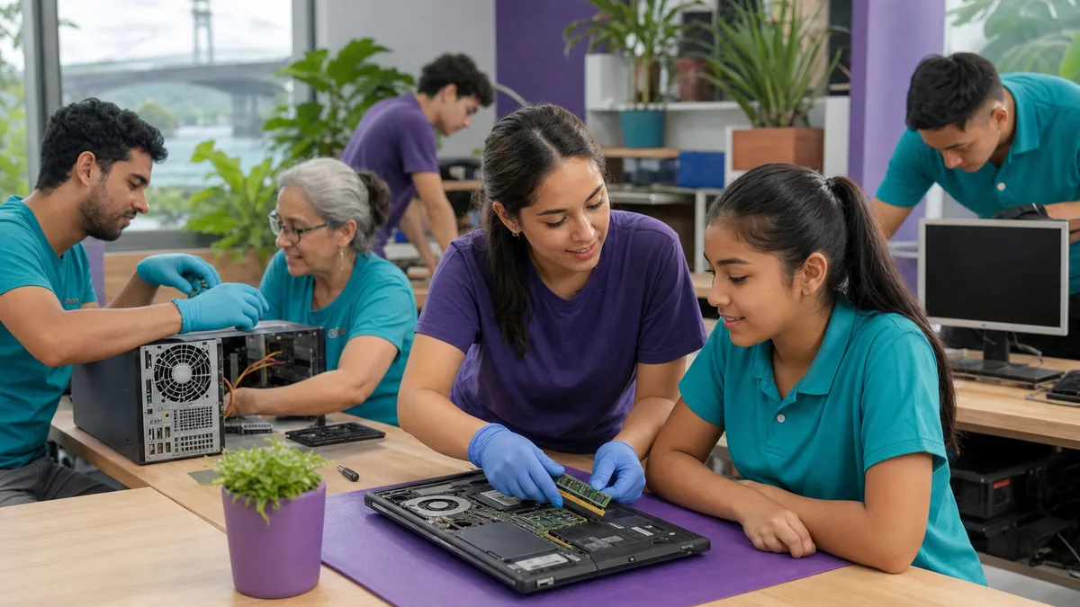 Voluntarios reacondicionan computadoras y enseñan habilidades técnicas a jóvenes en Panamá.